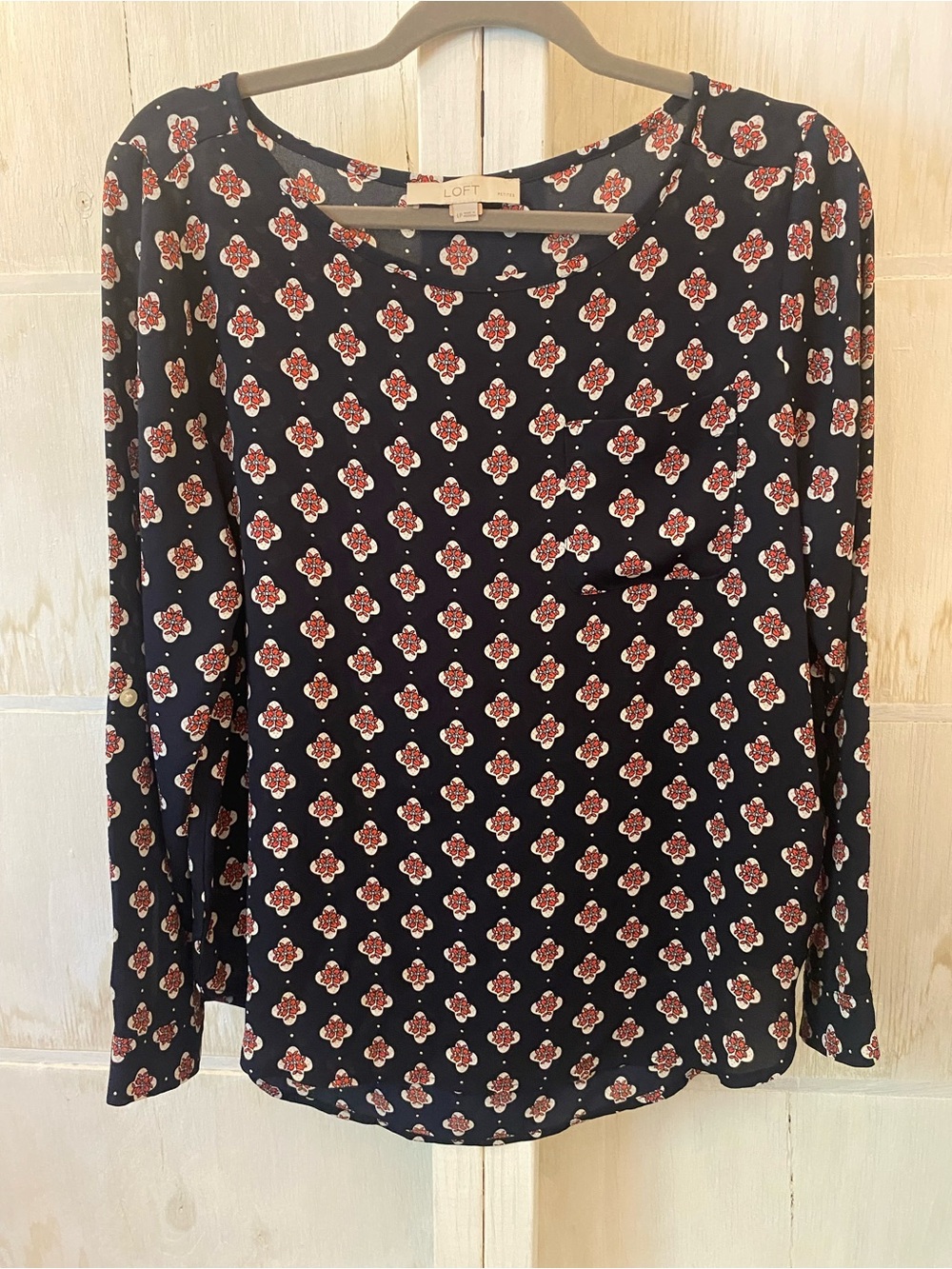 LOFT Navy Long-Sleeve Scoop Neck Top with Red Floral Motif